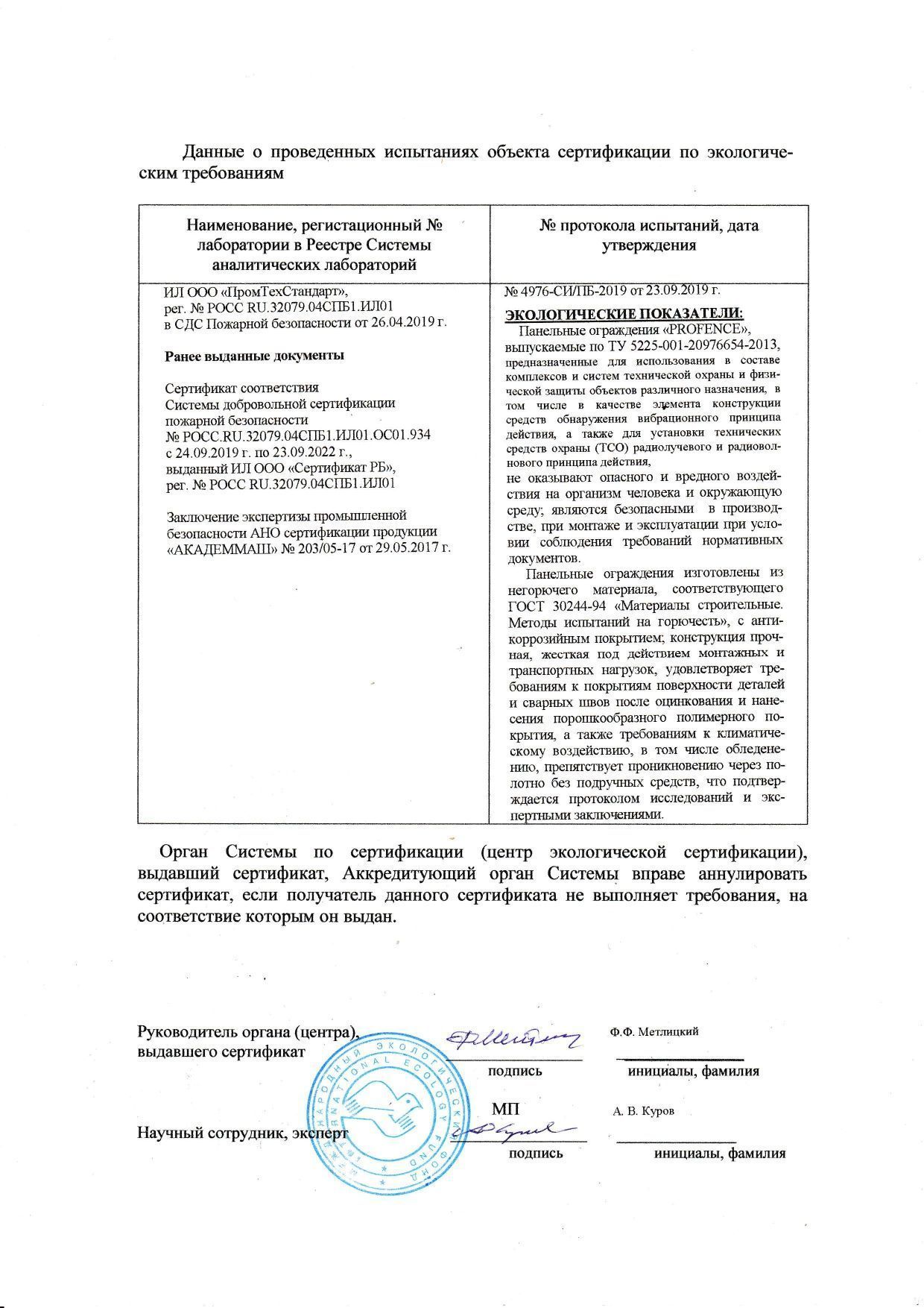 Протокол о проведенных испытаниях объекта сертификации по экологическим требованиям